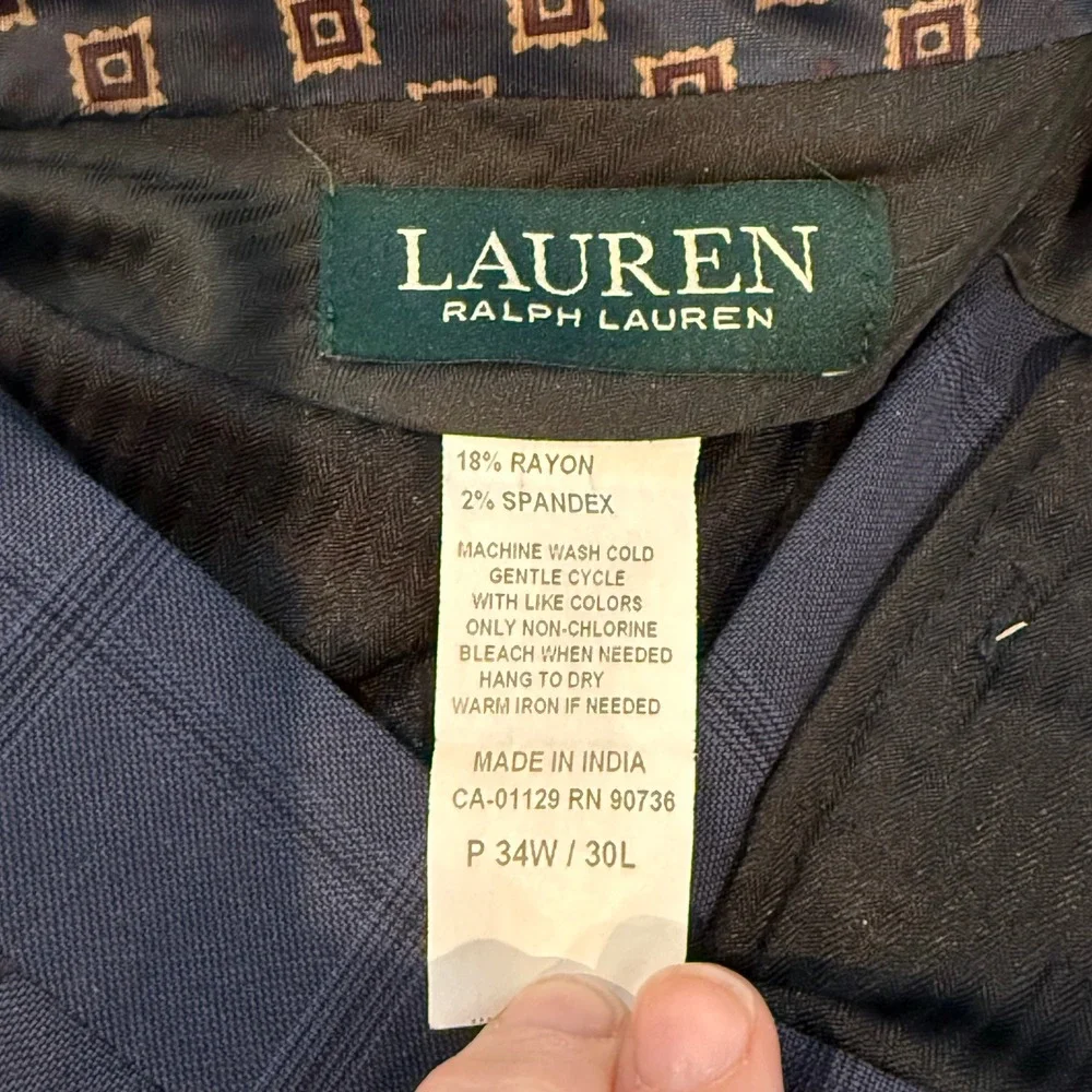 Lauren Ralph Lauren Mens Navy Blue Windowpane Check Dress‎ Pants 34W 30L Stretch